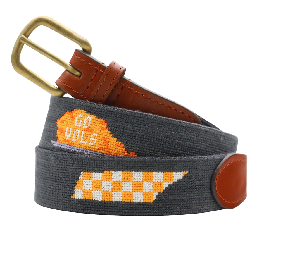Tennessee Volunteers “Go Vols” Needlepoint Belt – Black & Orange Game Day Leather Belt